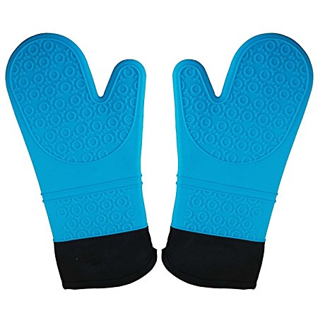 Houtemy Silicone Oven Mitts 2 Pieces Extra Large and Long Sleeve Silicone Baking Gloves with Qualited Cotton Lining for Meat Water Coffee Turkey, Blue, XL