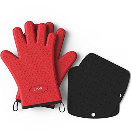 EXVI Heat Resistant Grilling Cooking Gloves with Insulation Mats Set of 2 for Cooking,Grilling,Baking,Barbecue (Red)