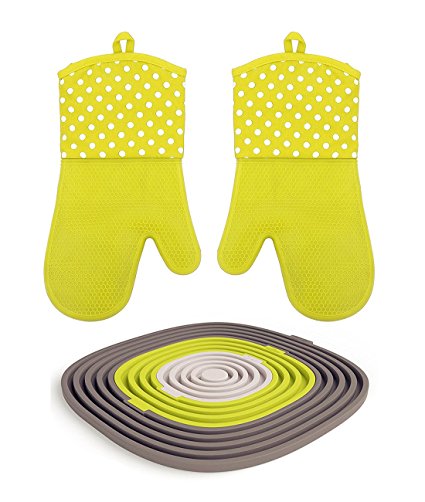 Fecihor Silicone Pot Holder/Oven Mitts with Trivets Mats Plate Cup Pad Set , Non-Slip Heat Resistant Spoon Rests,Kitchen Mitts with Cotton Lining for Cooking, Baking, Grilling, Holding Pot