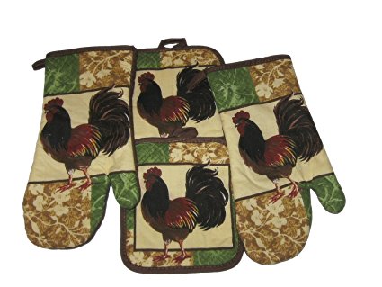 Rooster Brown Green Cotton Oven Mitts and Potholders Set (4 Items)