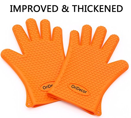 OriDecor Improved Thickened Silicone Gloves [ 1 PAIR Food Grade Heat Resistant BBQ Silicone Gloves with Non Slip Rubber for Grill Cooking Baking Barbecue Potholder, Orange Color