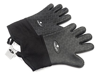 Silicone Oven Mitts - The Best Heat Resistant Cooking Gloves With Fingers - Professional Extra Long Oven Mitt - Pot Holder for Cooking in the Kitchen or BBQ Grilling Outdoors – 1 Pair (Black)