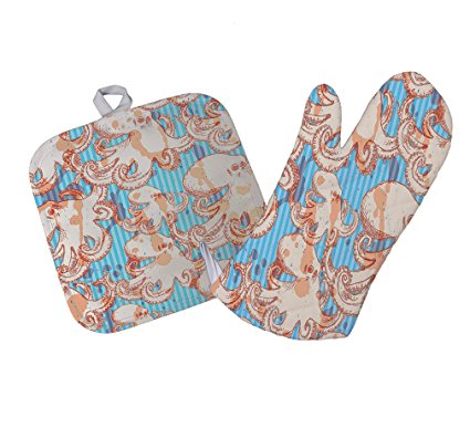 Style in Print Retro Octopus Pattern Kitchen Bar Oven Mitt & Pot Holder Set