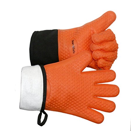 #1 Smart&Safe Silicone Gloves, Heat Protection Gloves Barbecue Kitchen Silicone Oven Mitts, Potholder for BBQ, Cooking, Baking (Orange) 1 pair set, by Smart&Safe