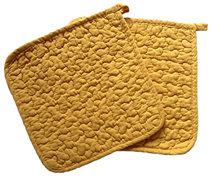 Custom & Durable {8” Inch Each} 2 Set of Mid Size “Non-Slip” Pot Holders Made of Cotton for Carrying Hot Dishes w/ Thick Quilted Crazy Puzzle Pattern Golden Daffodil Style [Yellow]