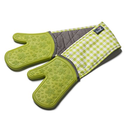 Kitchen Innovations ZEAL Double Steam Stop Waterproof Silicone Oven Glove - Extra Arm Protection - Non Slip and Heat Resistant to 482°F - Green Gingham Design