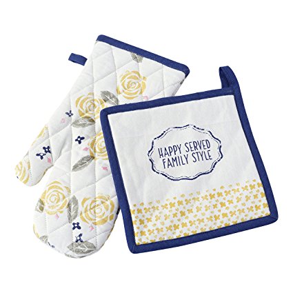 Hallmark Home Cotton Everyday Quilted Potholder and Oven Mitt Set, Family Style with Flowers