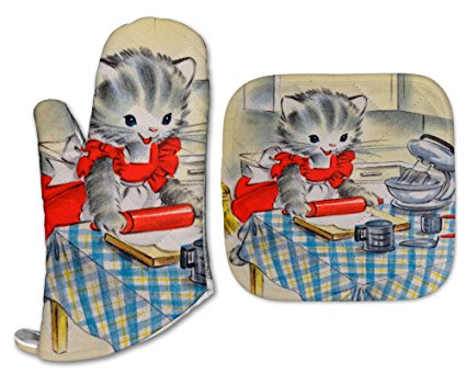 Vintage Retro Kittens, Kitties Kitty Kitchen Oven Mitt & Hot Pad (BAKER Kitten)