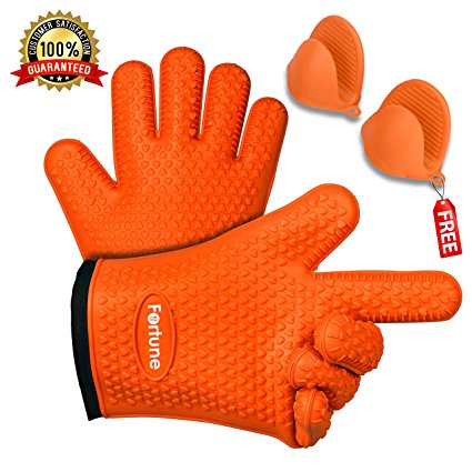 BBQ Grilling Gloves - Best Heat Resistant Oven Mitts For Cooking, Baking & Boiling - Safely Holds Hot Pots and Pans - Non-Slip Potholders with Internal Cotton Layer - Includes Mini Oven Mitt