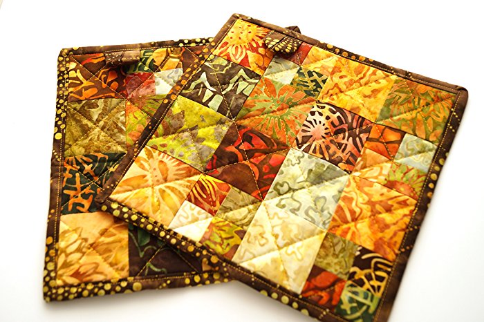 Batik Fabric Quilted Pot Holders Set in Fall Color Fabric