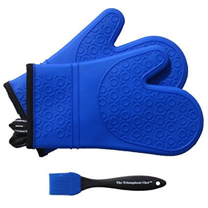 Super Flex Silicone Oven Mitt, Deluxe Quilted Liner, 1 Pair, Royal Blue, Bonus Sauce Brush