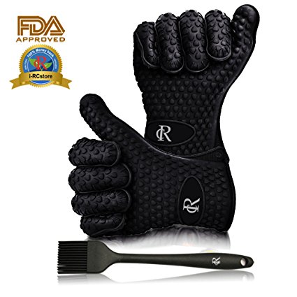 RC Highest Rated Heat Resistant Silicone BBQ Gloves with Sauce Brush for Cooking & Barbecue Grilling (Black Gloves and Black Brush)