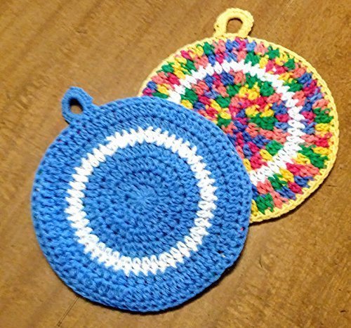 Hand Crocheted Large Round Potholders, Double Thick Cotton, set of two, cornflower blue and sunflower yellow and rainbow