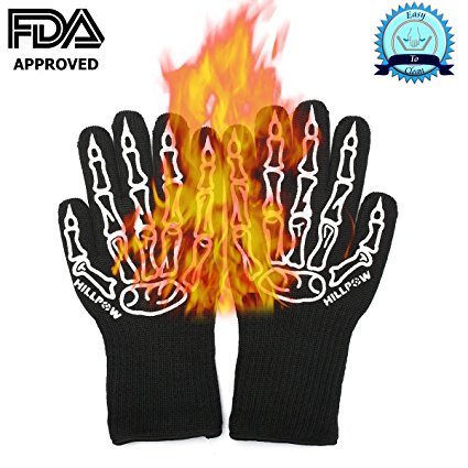 HILLPOW 932ºF /500ºC Extreme Heat Resistant,Anti Cutting,Fireproof Silicone & Kevlar & Cotton lining BBQ Grilling Gloves ,Outdoor Grill Microwave /Oven Mitt (35cm/13.8