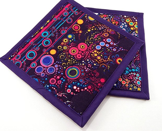 Colorful Cotton Potholders - Set of Two 8 Inch Hot Pads - Purple Pot Holders