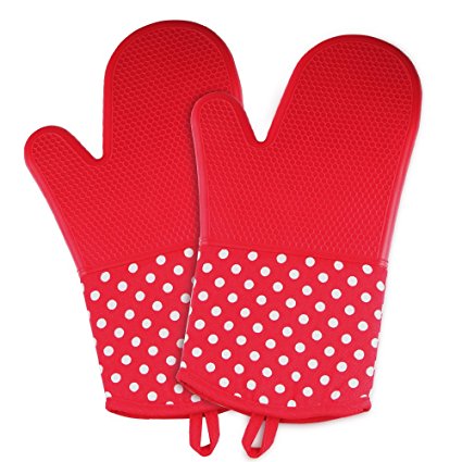 Silicone Oven Mitts, Microwave Pizza Toaster Mitt, Heat Resistant to 482°F/250℃,1 Pair of Non-Slip Kitchen Oven Gloves for Cooking,Baking,Grilling,Barbecue Potholders, Red- PerfectFamily