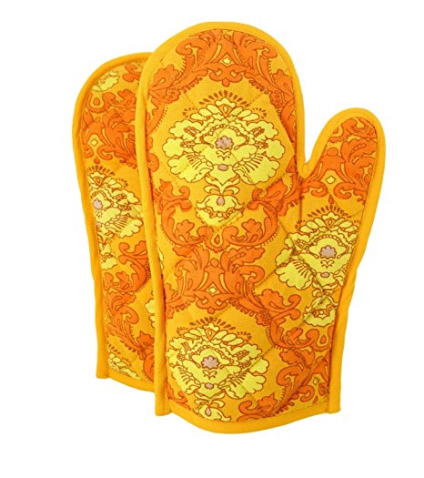 Shalinindia Printed Cotton Oven Mitt Set of 2 Quilted Cooking Gloves, Orange,8 x12 Inch