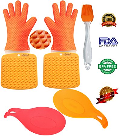 Oven Mitts Heat Resistant BBQ Grill Oven Gloves for Barbecue Baking Smoking & Cooking From AdroitOne + 2 Spoon Rests + 2 Pot Holders/Trivets +1 Basting/Pastry Brush