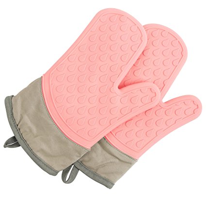 TOPHOME Oven Mitts Grilling Gloves Heat Resistant Gloves BBQ Kitchen Silicone Oven Mitts Long Waterproof Non-slip Potholder for Barbecue Cooking Baking BBQ Gloves Pink