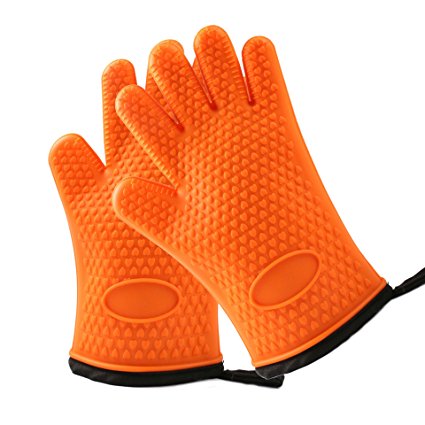 Hoosam Silicone Kitchen Gloves [ Inner Cotton Layer] for Cooking, Baking, Barbeque, Grilling - Heat Resistant Oven Mitts, Best Protection Ever , 1 Pair (Orange)