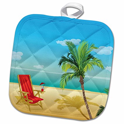 3dRose 3D Rose Scene with a Beach Chair and Palm Tree Pot Holder, 8 x 8