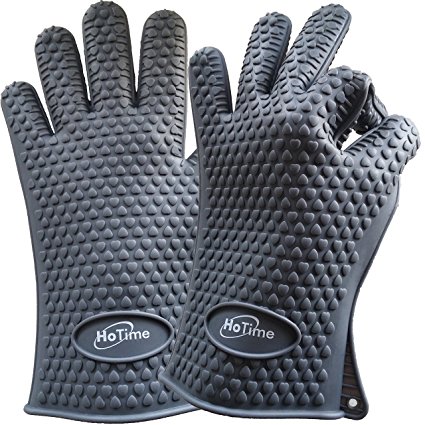 HoTime Silicone Cooking Gloves & Heat Resistant Gloves - Ideal For Cooking, BBQ, Baking, Grilling, and Oven Mitts - (Lifetime Replacement) & {Special Bonuses - Pot Holder and Two Ebooks} (Gray)