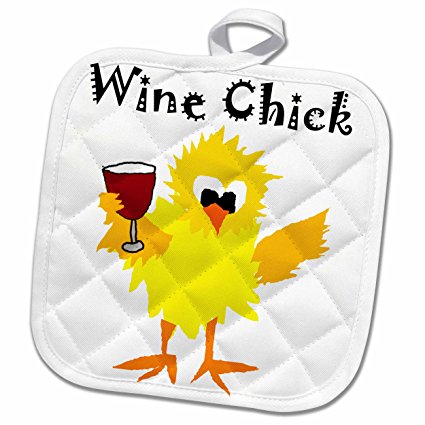 3dRose 3D Rose Cool Funny Chick with Chicken Holding Red Wine Glass Pot Holder, 8 x 8