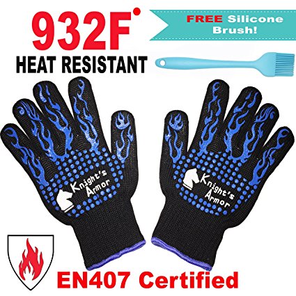 932F Oven Mitts - 932F Heat & Cut Resistant Gloves - 100% Cotton Lining with Silicone Stripes for Strong Grip - Kitchen & Garden Accessories BONUS Grilling Silicone Brush