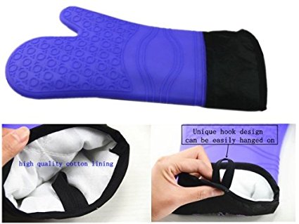Oven Mitt - Flexible, Heat resistant, Purple Silicone with Extra Long Cuff to protect your hands, wrists and forearms from burns, splatters and spills better than potholders, shorter rubber oven mitts or oven gloves can (packaging states the color as blue).