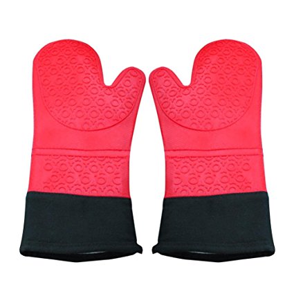 Silicone Oven Mitts 1 Pair of Extra Long Bbq, Baking, Cooking Oven Mitts, Professional Grade High Quality Barbequing Gloves with Soft Liner - FDA Approved, Non-toxic, Eco Friendly, (Red)
