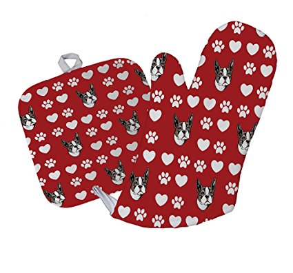 Style in Print Boston Terrier Dog Red Paw Heart Kitchen Bar Oven Mitt & Pot Holder Set