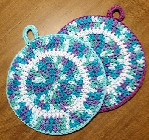 Hand Crocheted Large Round Potholders, Double Thick Cotton, set of two, (purple pomegranate lilac, pale, turquoise, pastel blue, white)