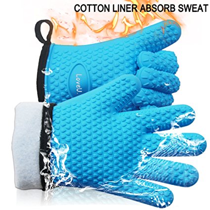 LoveU. Oven Mitts - Silicone and Cotton Double-layer Heat Resistant Gloves/Silicone Gloves/Oven Gloves/BBQ Gloves - Perfect for Baking and Grilling - 1 Pair (XL/XXL, Blue)