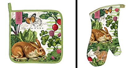 Bundle of Michel Design Works Pot Holder and Oven Mitt (Garden Bunny Theme)