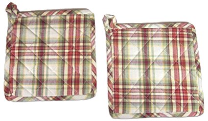 Custom & Durable {8.5” x 8.5” Inch} 2 Set Pack, Mid Size “Non-Slip” Pot Holders Made of Cotton for Carrying Hot Dishes w/ Colorful Quilted Country Plaid Style [White, Red, Green, & Yellow]