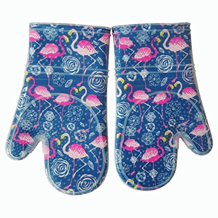 Oven Mitts Kitchen set Heat Resistant to 500 F With Transparent clear Silicone set of 2, Nice Flamingo Printing Cotton Lining, Oven Gloves for Cooking, Baking, Machine Washable for Women and Men Blue