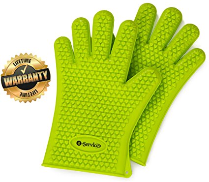 Highly Rated Silicone BBQ Gloves - Perfect For Use As Heat Resistant Cooking Gloves, Grill Gloves, Or Potholder - Directly Manage Hot Food In The Kitchen, Use As Grilling Gloves, Oven Gloves, Or At The Campsite! - Protect Your Hands And Avoid Accidents With Insulated Waterproof Five-Fingered Grip - Far More Shield And Versatility Than Oven Mitts - 1 Pair Number 1 in Service Silicone BBQ Gloves - FREE Premium Hassle-Free Lifetime Guarantee! - Green