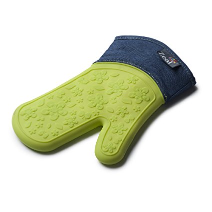 ZEAL Silicone Oven Mitt/Glove - Extra Protection - Steam Stop Waterproof - Non-Slip and Heat Resistant to 482F - Green Denim Design