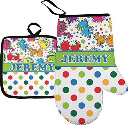 RNK Shops Dinosaur Print & Dots Oven Mitt & Pot Holder (Personalized)