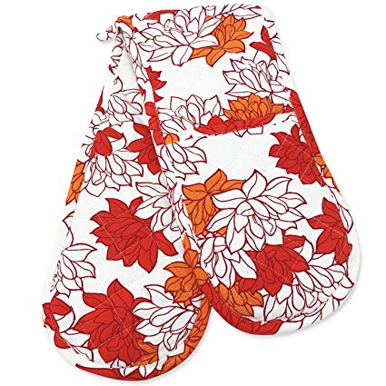 Double Oven Gloves, Smart Home, Pretty Orange Floral, 1 Piece, Long Mitts, Heat Resistant, 100% Cotton, Extra Thick, Quilted