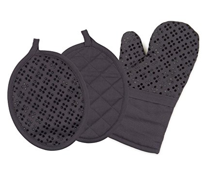 Sticky Toffee Printed Silicone Oven Mitt and Pot Holders, 100% Cotton, 3 Piece Set, Gray