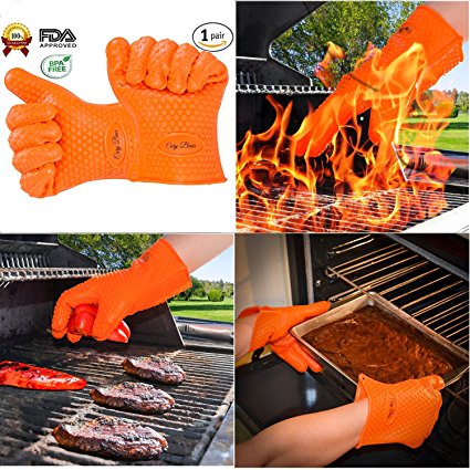 Heat Resistant Oven Gloves With Total Fingers - BBQ Grilling Mitt With Non-Slip Grip Design - One Size Fits All - Made From Food Grade Silicone - Insulated And Waterproof - Hand And Wrist Protection