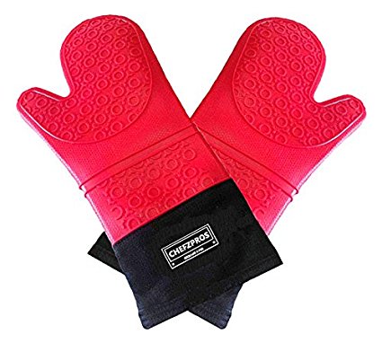 ChefzPros Silicone Cooking Gloves - Premium Quality Heat Resistant Oven Mitts (Pair). Extra Long With Stylish Quilted Inner. Multi-use Barbecue Gloves, Cooking Mitts, Pot Holders.