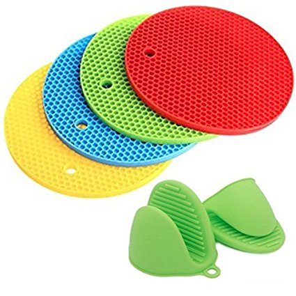 Trivet Mats Heat Resistant Hot Pads + 1 Pair of Pot Holder Silicone Gloves Non-slip Mini Mitts For Hot Dishes, Pots And Plates by Mixtra