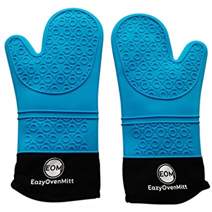 Silicone Oven Mitts- Commercial Grade, Of Extra Long Cotton Quilted Heat Resistant Kitchen Potholders Gloves- 1 pair EazyOvenMitt (Blue)