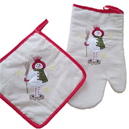 100% Cotton Oven Mitt and Potholder, Set of Heat Resistant Kitchen Oven Glove and Non-slip Potholder for Restaurant, Bistro, Chef, Mom, Family- Christmas Snowman Embroidery, Red