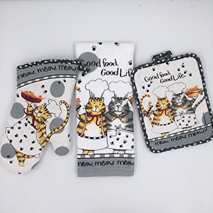 Siun Home Kitchen Use Heat Resistant Microwave Oven Gloves Insulated Mat and Towel ,Set of 3, Mittens Oven Mitts and Pot Holders ,Towel（cat Plaid Theme）