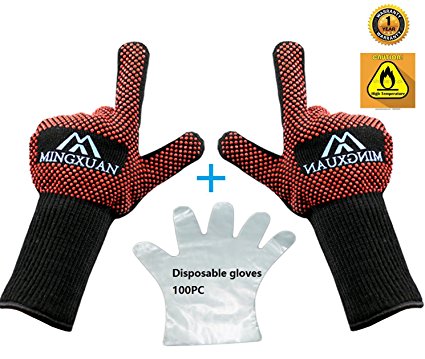 Kitchen Oven bbq Gloves（give gift 100 Disposable PE mitten）Thicker Extreme Heat Resistant black gloves Used for BBQ Outdoor picnic Home get together Oven Microwave Curls work welding