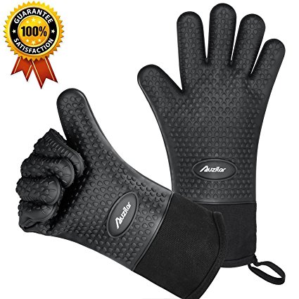 Silicone Oven Mitts Extra-long Heat Resistant Mitts Kitchen Gloves with Internal Cotton Lining for Cooking Pot Holder Grilling BBQ Baking Oven Fireplace Camping Kitchen and so on (Black)