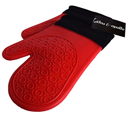 Atlas and Apollo Silicone Oven Mitts Heat Resistant Oven Gloves - Red Pot Holders for Grilling Cooking and Baking - Deluxe Padded Cotton Liner for Extra Protection - Non Stick Grip Glove 1 Pair Set